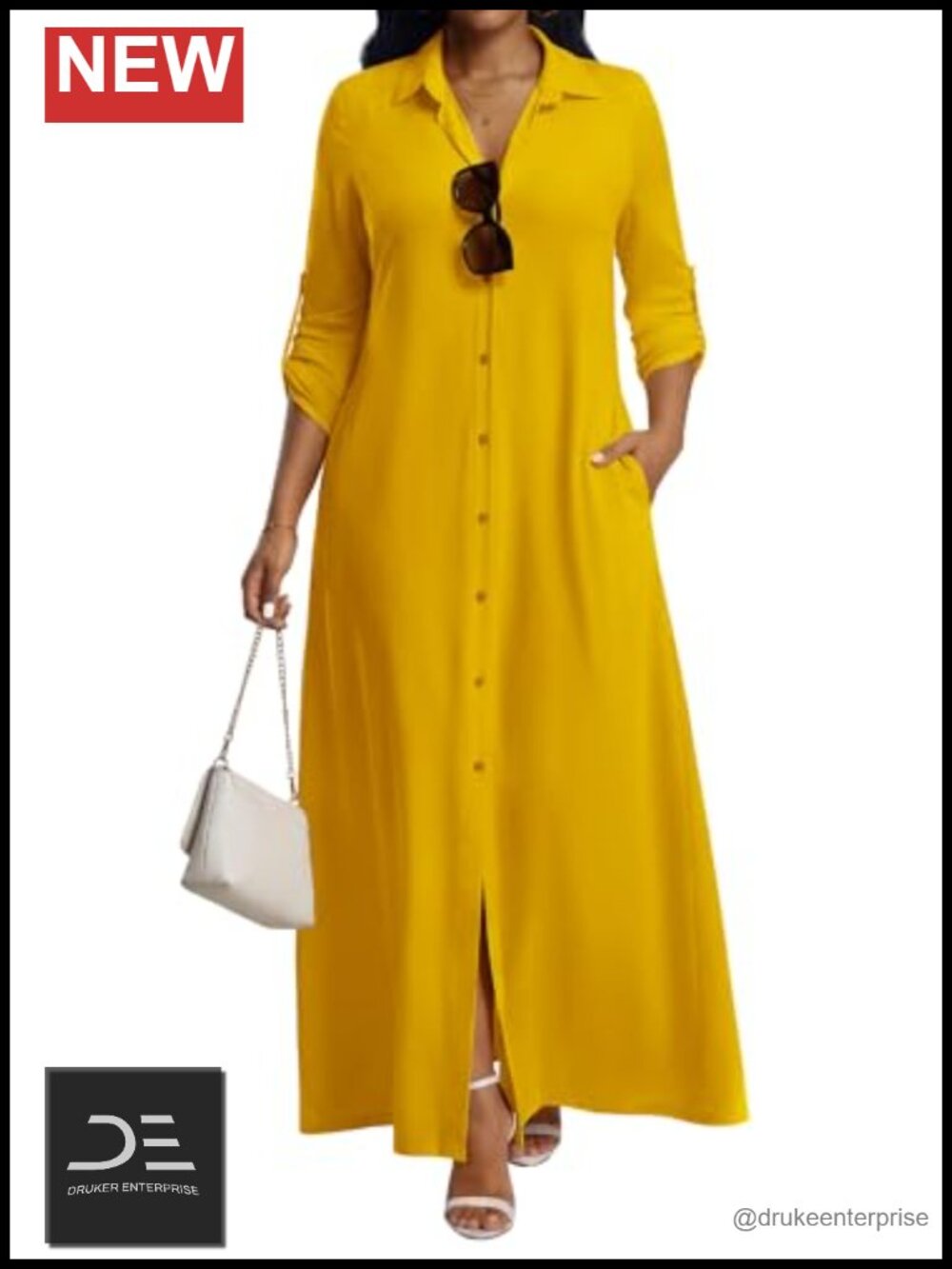 FANDEE Long Sleeve Button Down Maxi Shirt Dress Polyester Elastane